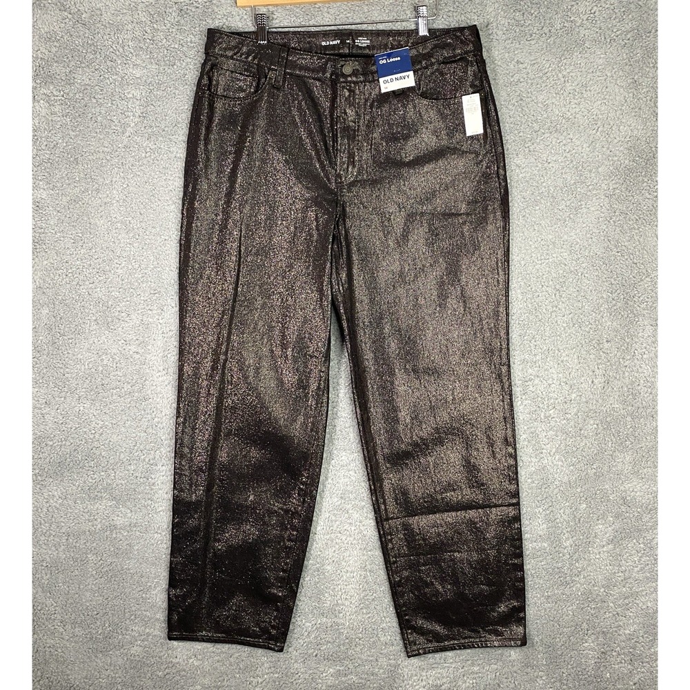 Old Navy High Rise‎ OG Straight Ankle Black Shine Jeans Size 14 Stretch Funky